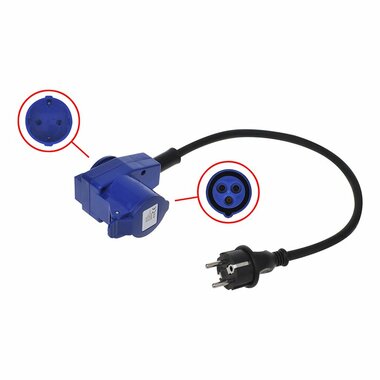 Verloopkabel 40cm van Schuko stekker naar haakse CEE contrastekker + Schuko stopcontact