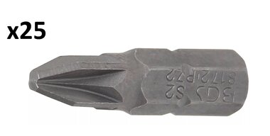 Bit lengte 25 mm 6,3 mm (1/4) buitenzeskant kruiskop PZ2 x25 stuks
