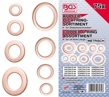 Bgs Technic 75 Stuks Koper Afdichtingsringring Assortiment metriek voor olieaftappluggen