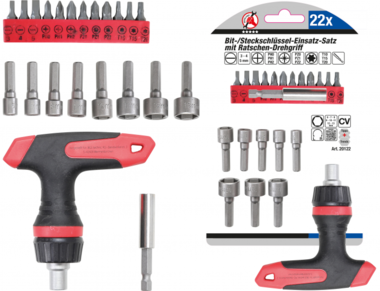 Bgs Technic Bit-/dopsleutelset met rateldraaigreep voor bits, omschakelbaar T-greep uitvoering 22-dlg